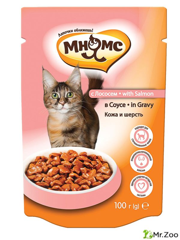 Мнямс паучи Кожа и шерсть с лососем в соусе для взрослых кошек