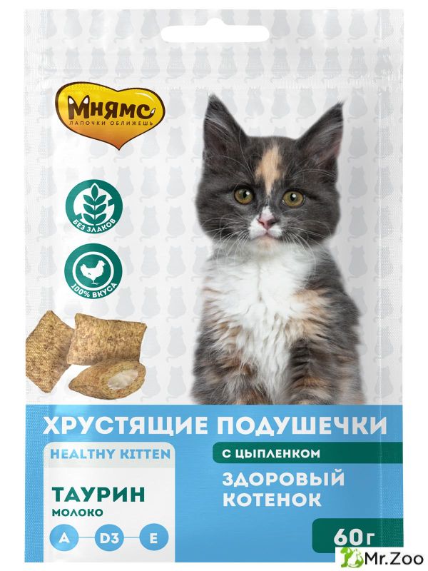 Лакомство Мнямс Здоровый котенок хрустящие подушечки для котят с цыпленком и молоком
