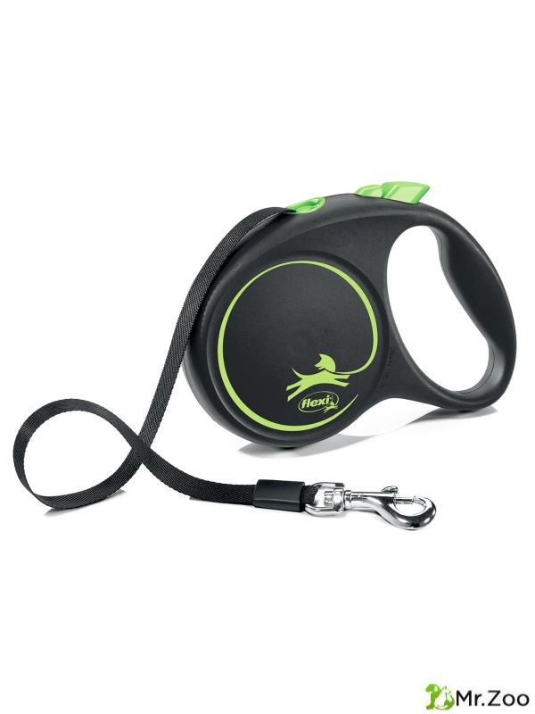 Поводок-рулетка Flexi Black Design M. Лента 5 м. для собак до 25 кг. Зеленый