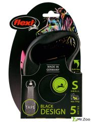 Поводок-рулетка Flexi Black Design S. Лента 5 м. для собак до 15 кг. Розовый