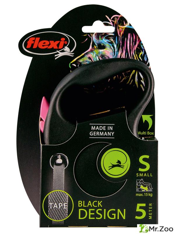 Поводок-рулетка Flexi Black Design S. Лента 5 м. для собак до 15 кг. Розовый