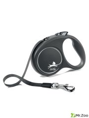 Поводок-рулетка Flexi Black Design S. Лента 5 м. для собак до 15 кг. Серебряный