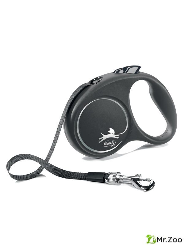 Поводок-рулетка Flexi Black Design S. Лента 5 м. для собак до 15 кг. Серебряный