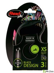 Поводок-рулетка Flexi Black Design XS. Трос 3 м. для собак до 8 кг. Розовый