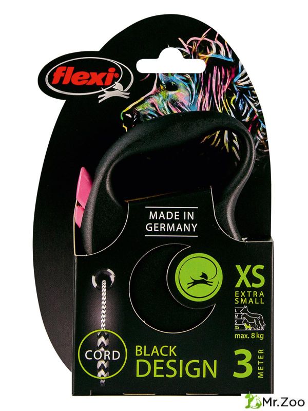 Поводок-рулетка Flexi Black Design XS. Трос 3 м. для собак до 8 кг. Розовый
