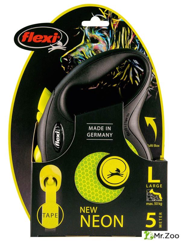 Поводок-рулетка Flexi New Neon L. Лента 5 м. для собак до 50 кг. Желтый