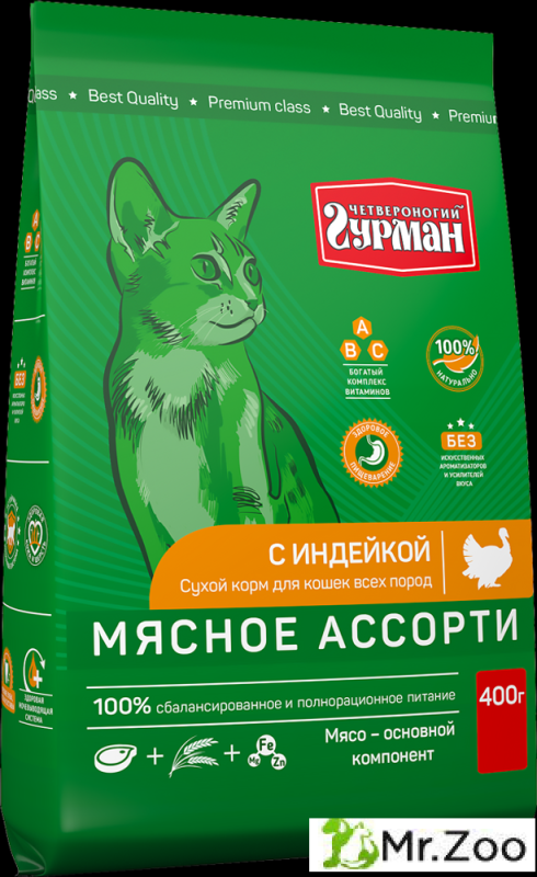 Корм сухой для кошек Четвероногий гурман "Мясное ассорти с индейкой",