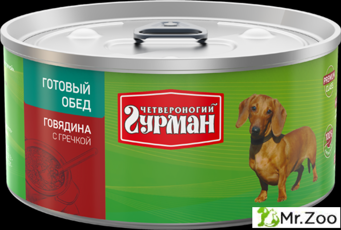 Корм консервированный для собак Четвероногий гурман "Готовый обед Говядина с гречкой",