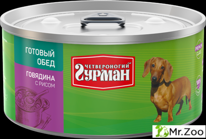 Корм консервированный для собак Четвероногий гурман "Готовый обед Говядина с рисом",
