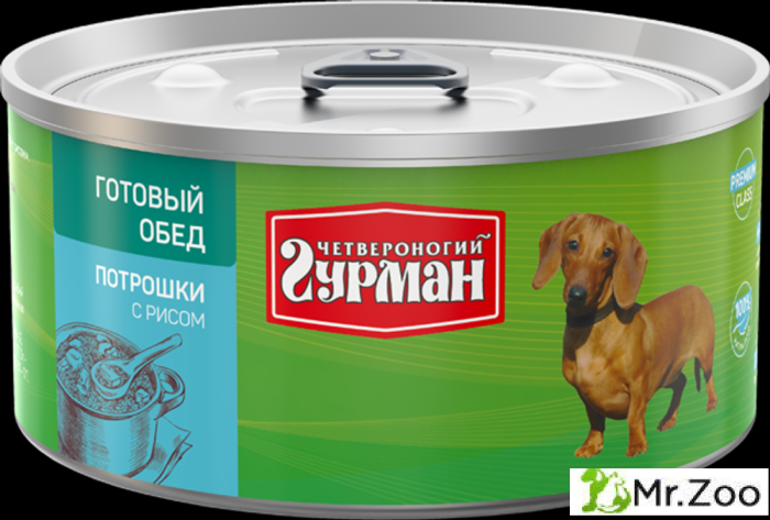Корм консервированный для собак Четвероногий гурман "Готовый обед Потрошки с рисом",