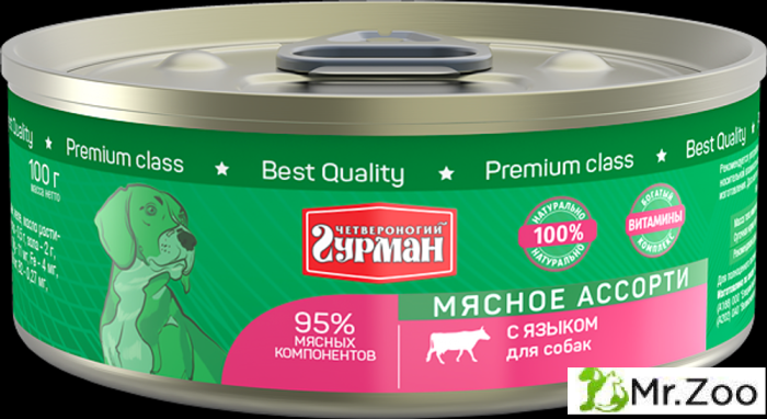 Корм консервированный для собак Четвероногий гурман "Мясное ассорти с языком",