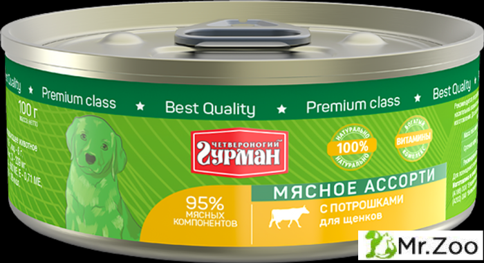Корм консервированный для щенков Четвероногий гурман "Мясное ассорти с потршками",