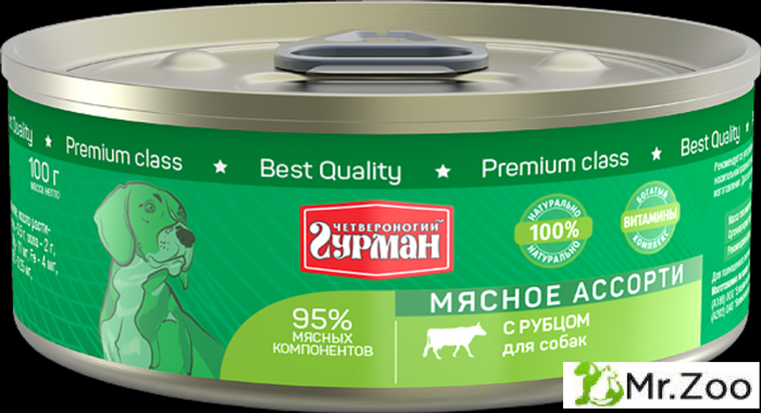 Корм консервированный для собак Четвероногий гурман "Мясное ассорти с рубцом",