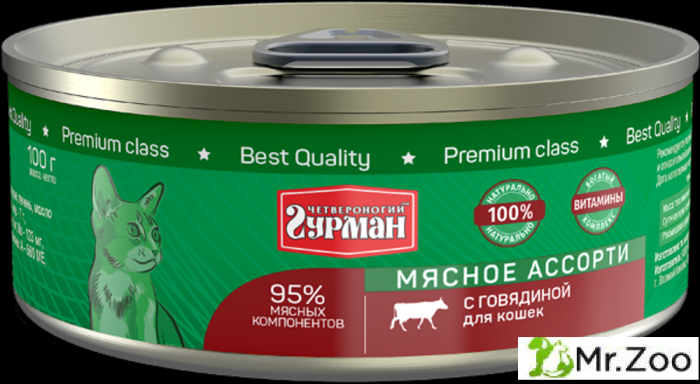Корм консервированный для кошек Четвероногий гурман "Мясное ассорти с говядиной",