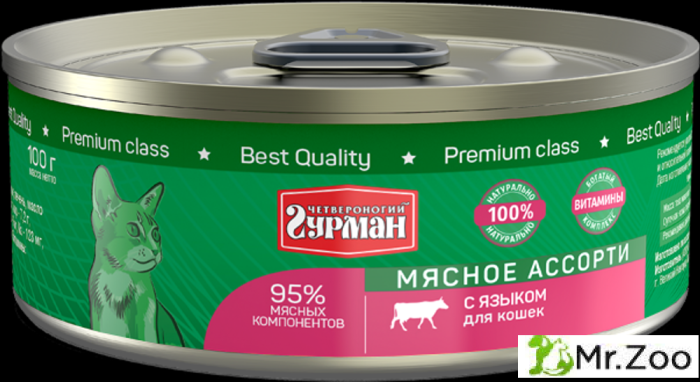 Корм консервированный для кошек Четвероногий гурман "Мясное ассорти с языком",