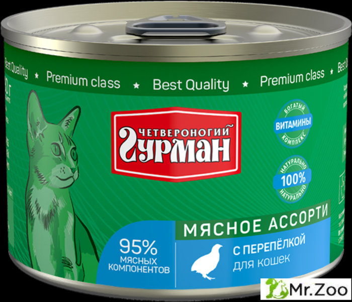 Корм консервированный для кошек Четвероногий гурман "Мясное ассорти с перепелкой",
