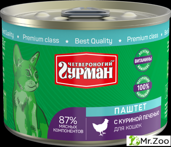 Корм консервированный для кошек Четвероногий гурман "Паштет с куриной печенью",