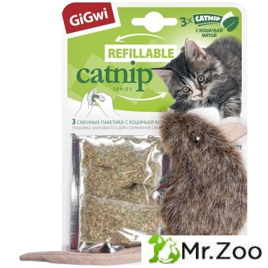 Gigwi REFILLABLE CATNIP Игрушка для кошек Мышка с кошачьей мятой 10см
