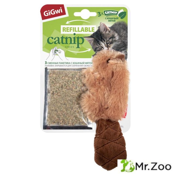 Gigwi REFILLABLE CATNIP Игрушка для кошек Бобренок с кошачьей мятой 16см