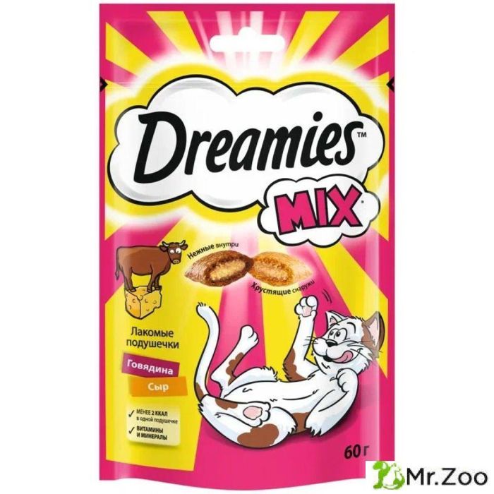 Лакомство Dreamies Mix для кошек лакомые подушечки с говядиной и сыром