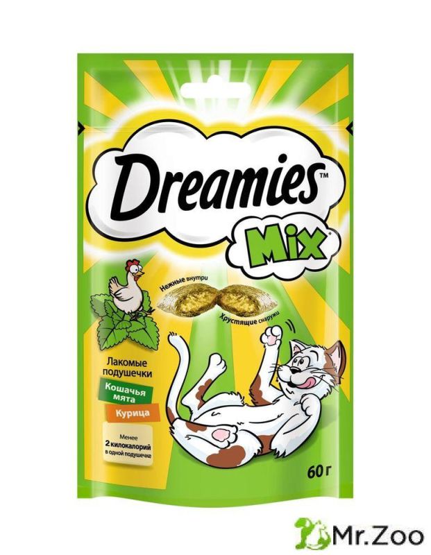 Лакомство Dreamies Mix для кошек лакомые подушечки с курицей и мятой