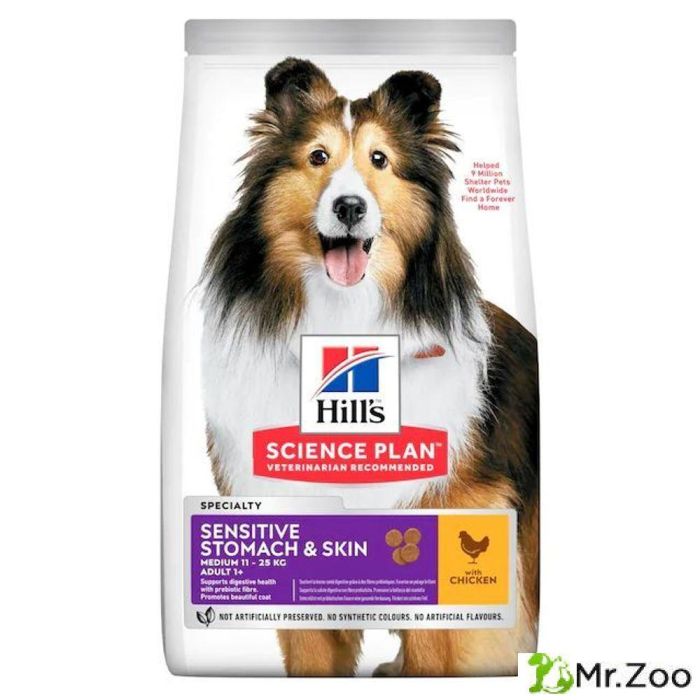 Сухой корм Hill's Science Plan Sensitive Stomach & Skin для взрослых собак средних пород с чувствительной кожей и/или пищеварением, с курицей