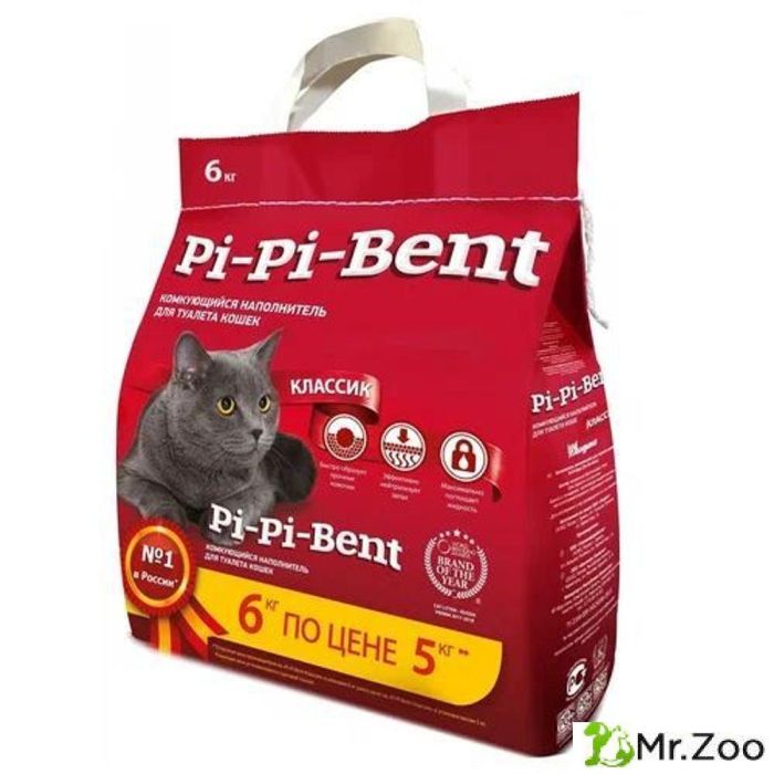 Комкующийся наполнитель Pi-Pi Bent Classic для кошачьего туалета из природного бетонита 5 кг + 1 кг в подарок