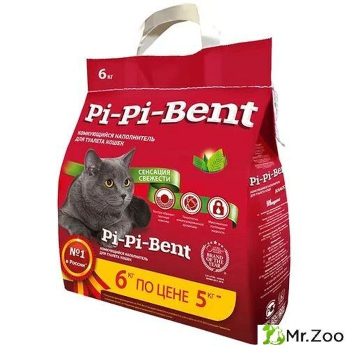 Комкующийся наполнитель Pi-Pi Bent Сенсация свежести для кошачьего туалета с ароматом свежих трав и цветов 5 кг + 1 кг в подарок