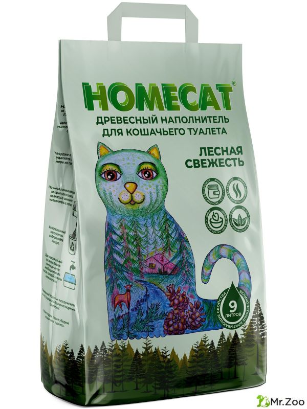 Древесный наполнитель HOMECAT Лесная свежесть для кошачьих туалетов мелкие гранулы