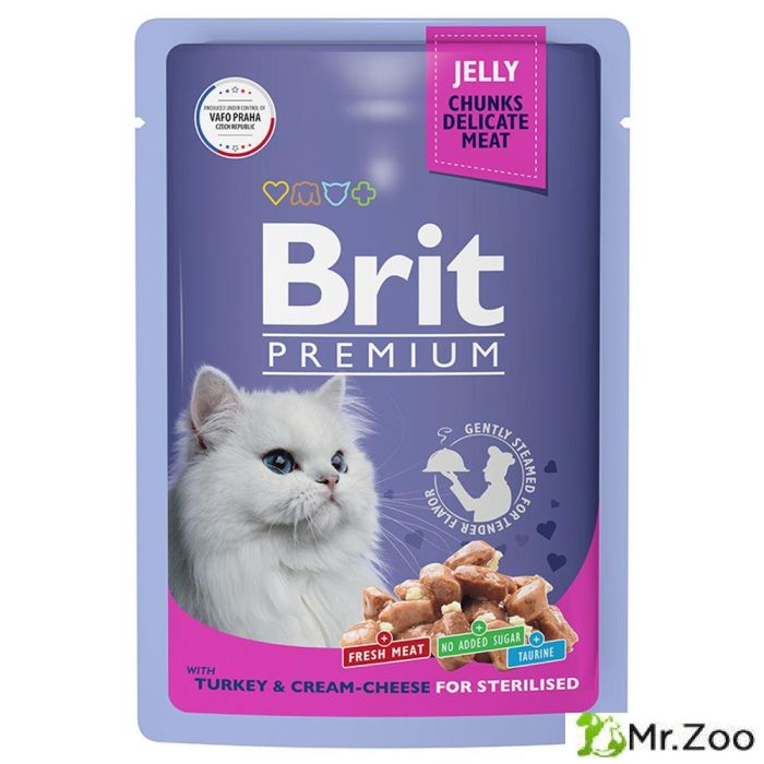 Пауч Brit Premium для взрослых стерилизованных кошек индейка с сыром в желе