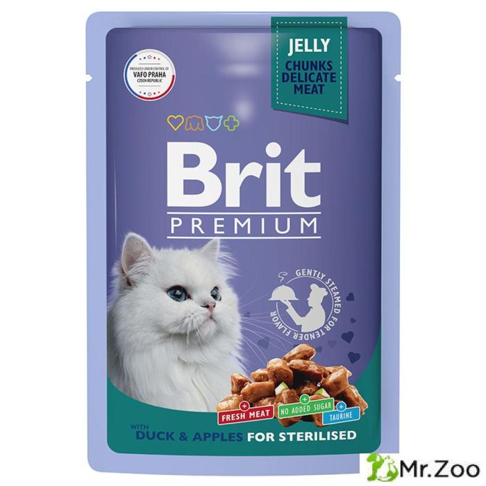 Пауч Brit Premium для взрослых стерилизованных кошек утка с яблоками в желе