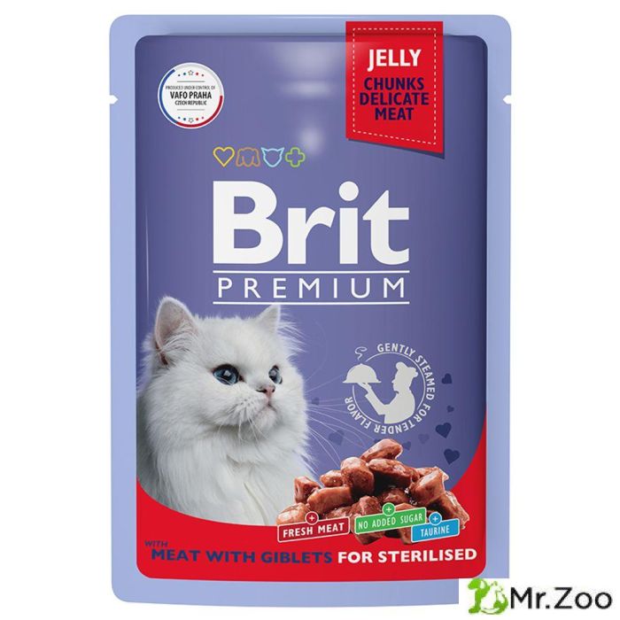Пауч Brit Premium для взрослых стерилизованных кошек мясное ассорти с потрошками
