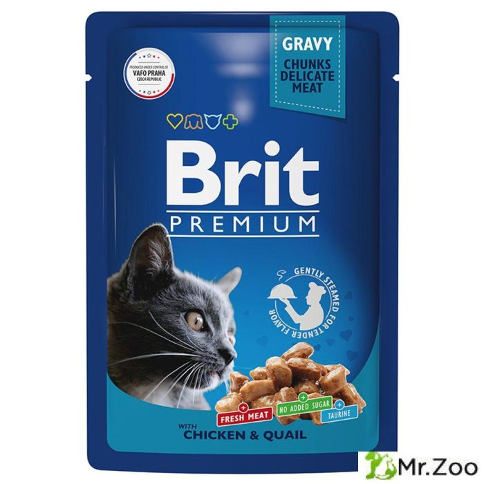 Пауч Brit Premium для взрослых кошек цыпленок и перепелка в соусе
