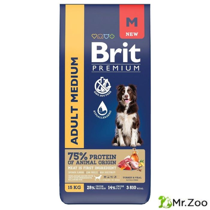 Сухой корм Brit Premium Dog Adult Medium с индейкой и телятиной для взрослых собак средних пород