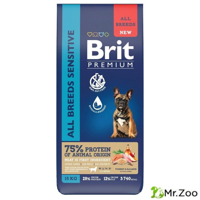 Сухой корм Brit Premium Dog Sensitive с лососем и индейкой для взрослых собак всех пород с чувствительным пищеварением