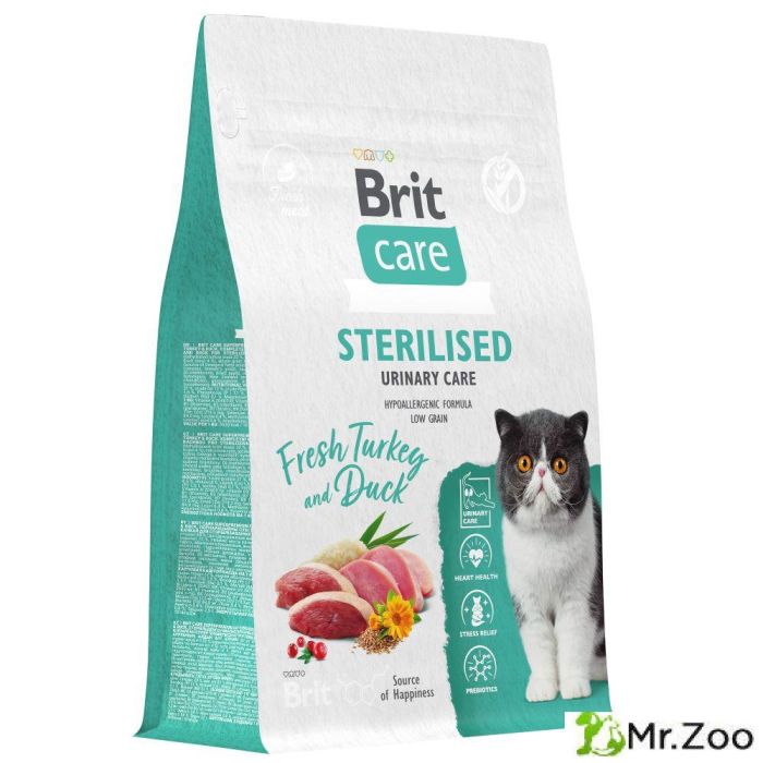 Сухой корм Brit Care Cat Sterilised Urinary Care для стерилизованных кошек профилактика МКБ с индейкой и уткой