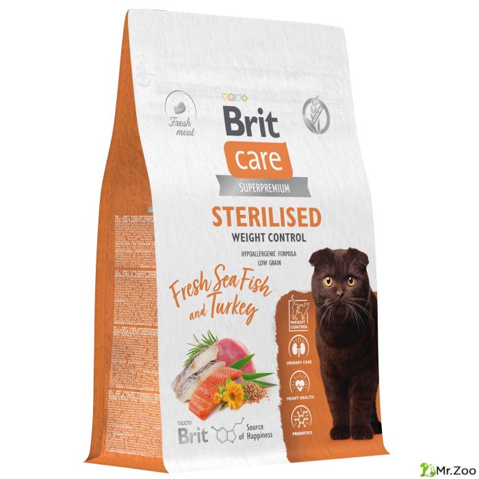 Сухой корм Brit Care Cat Sterilised Weight Control для стерилизованных кошек контроль веса с индейкой и морской рыбой
