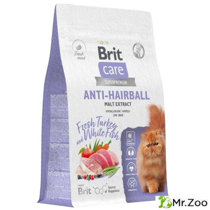 Сухой корм Brit Care Cat Anti-Hairball для взрослых кошек вывод шерсти с индейкой и белой рыбой