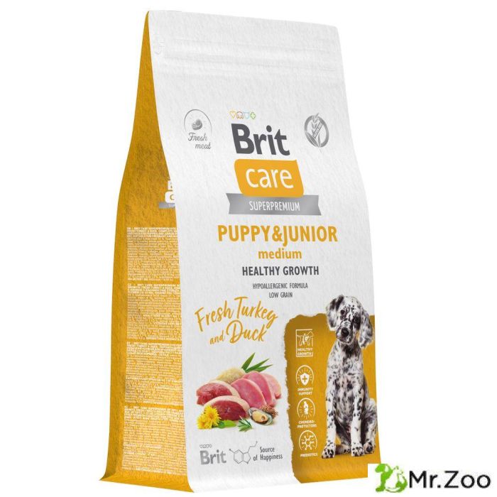 Сухой Корм Brit Care Dog Puppy&Junior M Healthy Growth для щенков и молодых собак средних пород с индейкой и уткой 1.5 кг