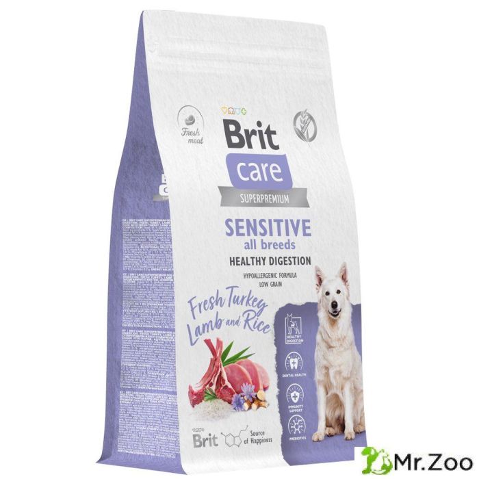 Сухой Корм Brit Care Dog Adult Sensitive Healthy Digestion для взрослых собак всех пород чувствительное пищеварение с индейкой и ягненком 1.5 кг