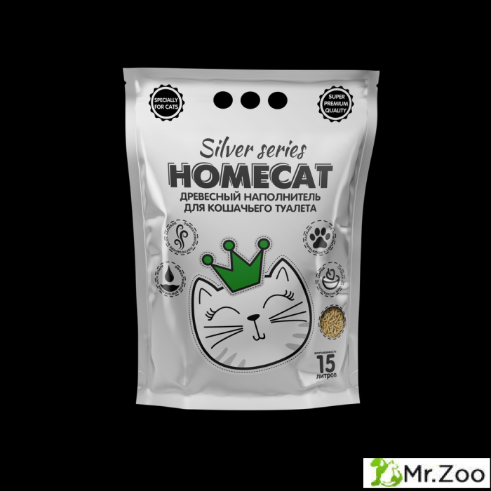 Древесный наполнитель HOMECAT SILVER SERIES премиум для кошачьих туалетов
