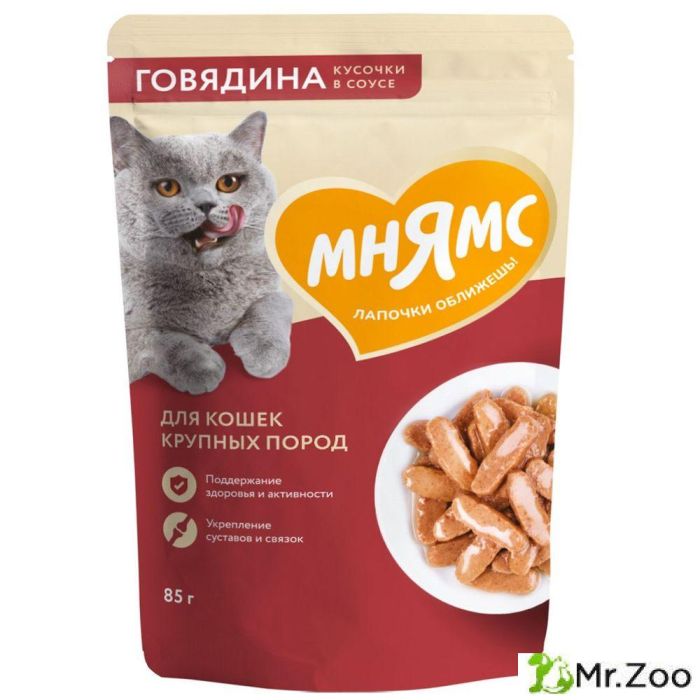 Мнямс паучи Кусочки в соусе с говядиной для крупных кошек  85г