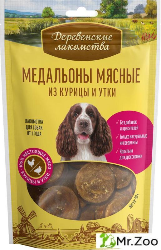 Деревенские лакомства для собак Медальоны мясные из курицы и утки 90г