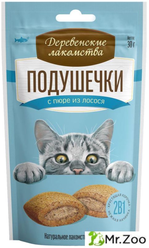 Деревенские лакомства для кошек Подушечки с пюре из лосося 30г