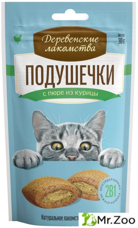 Деревенские лакомства для кошек Подушечки с пюре из курицы 30г