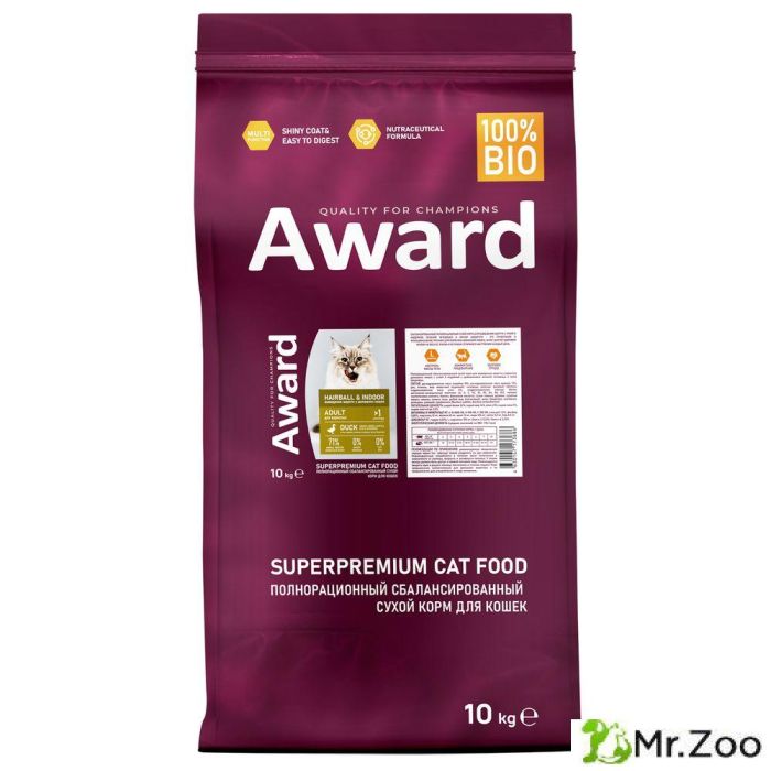 Сухой корм AWARD Hairball&Indoor для взрослых кошек для выведения шерсти с уткой и индейкой с добавлением зеленой чечевицы и Юкки Шидигера 10кг