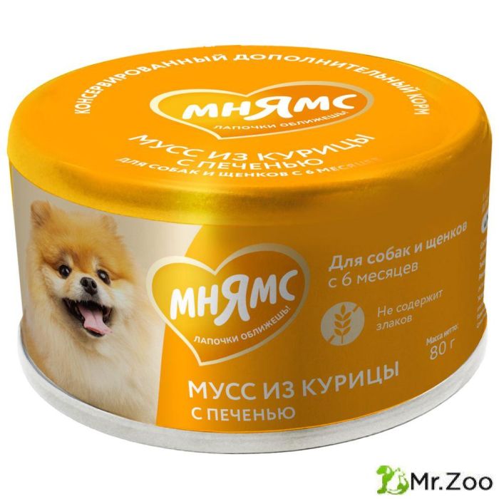 Мнямс консервы Мусс из курицы с печенью для собак и щенков старше 6 месяцев 24х80г