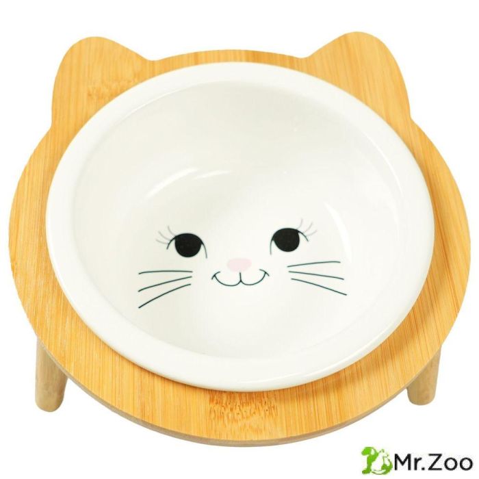 Миска Mr.Kranch Bamboo для кошек керамическая белая на бамбуковой подставке