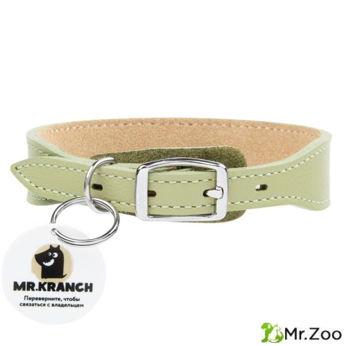 Ошейник Mr.Kranch для собак из натуральной кожи с QR-адресником 22-26см нежно-зеленый