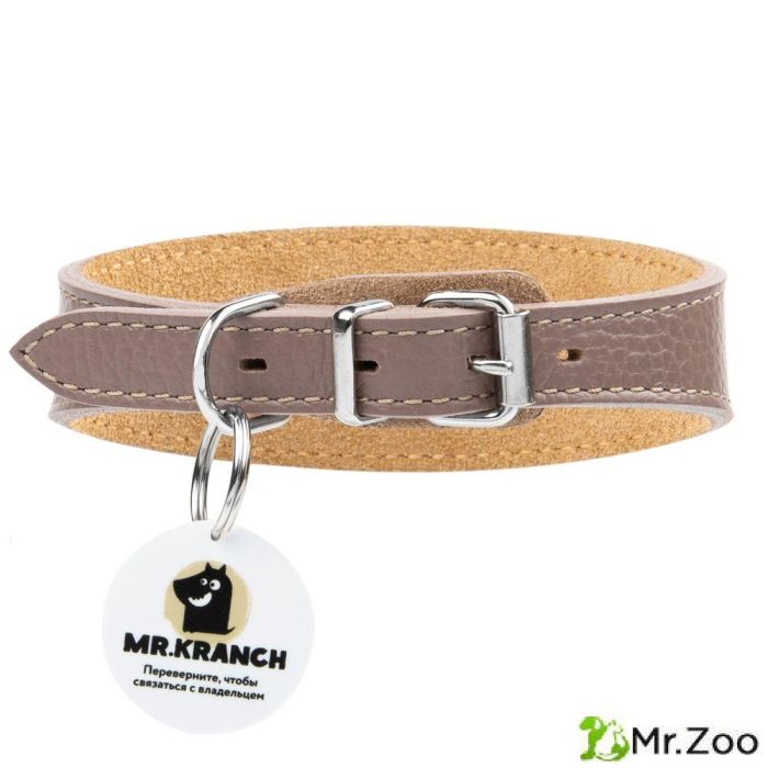 Ошейник-селедка Mr.Kranch для собак из натуральной кожи с QR-адресником 21-25см бежевый